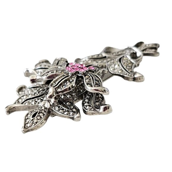 1928 Brand Silver Tone Pink Rhinestone, Marcasite Flower Trembler Brooch L268 - Picture 2 of 11